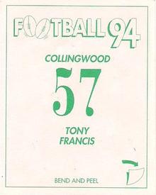 1994 Select AFL Stickers #57 Tony Francis Back